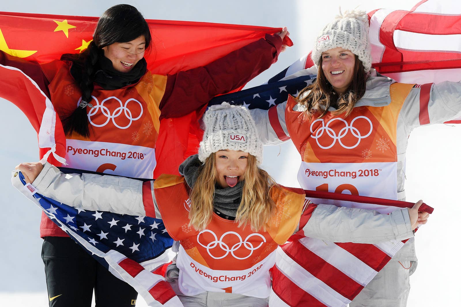 From left: Silver medalist Jiayu Liu of China, gold medalist Chloe Kim of the United States, and bronze medalist Arielle Gold of the United States pose during the victory ceremony for the Snowboard Ladies' Halfpipe Final on day four of the PyeongChang 2018 Winter Olympic Games on Feb. 13, in Pyeongchang-gun, South Korea.