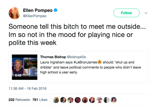 Shortly afterward, the clip went viral and people took to the internet to express their anger at Ingraham's words. Ellen Pompeo, star of Grey's Anatomy said, "Someone tell this bitch to meet me outside... I'm so not in the mood for playing nice or polite this week."