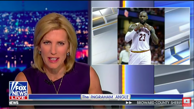 "NBA superstar LeBron James is talking politics again, and this time it's R-rated," Ingraham began, speaking in a sarcastic tone. "Here's his barely intelligible, not to mention ungrammatical, take on President Trump in a new ESPN podcast."