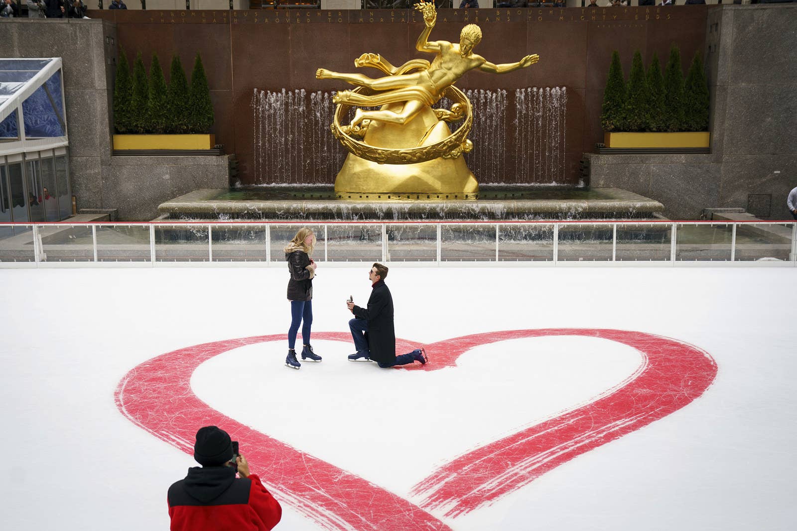 Jacob Cox proposes to Cierra Sorrells on Valentine's Day at the Rockefeller Center ice rink on Feb. 14, in New York City. Sorrells said yes.