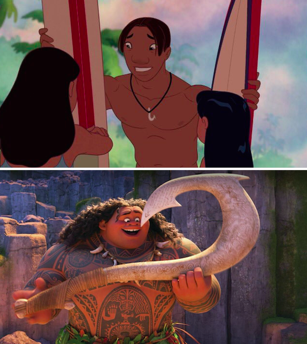 In Lilo & Stitch, David's necklace is identical to Maui's magical fishhook from Moana.