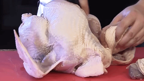 When roasting a whole turkey, "you're dealing with two very different kinds of muscle." The legs need to be cooked to 160-165°F, and the breast to 150°F* — so it's best to actually cut them into pieces and cook them separately. If you don't want to cut up your bird, McGee suggests letting the bird sit at room temp for a few hours while keeping ice bags on the breasts. This way the breasts are colder when it enters the oven and cook at about the same time as the legs. See exactly how he does it here.*The FDA suggests cooking turkey to 165°F, so use your judgment when picking the temp you want to cook it to.