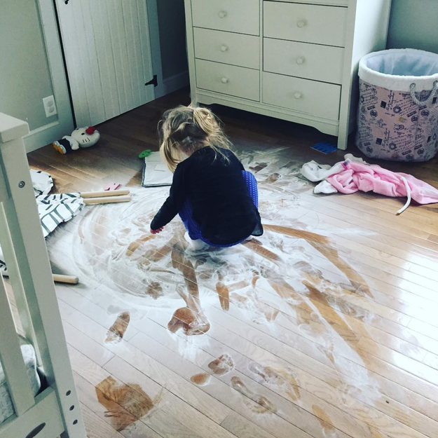 This mom who put her kid in time out...in an area right by the baby powder.