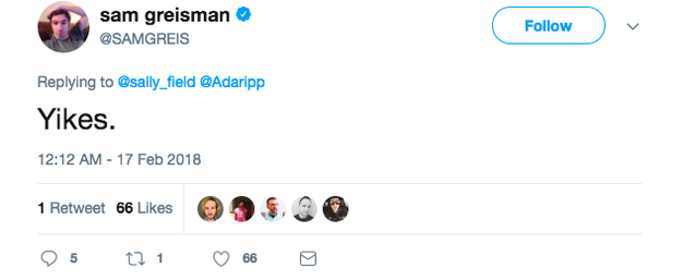 Once Greisman saw what his mother had done, he replied to her tweet with a simple "Yikes."