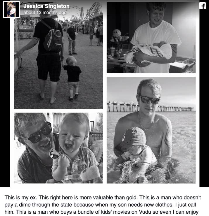 "This is my ex. This is a man who doesn't pay a dime through the state because when my son needs new clothes, I just call him. This is a man who buys a bundle of kids' movies on Vudu so even I can enjoy them with my son in my own home. A man who drops off the $45 box of pull-ups at my front door so I don't have to load him up and go to the store. One who takes his son in 10 min notice far more often than he should because I have too much to get done or just need a nap... This is the diaper-bag-wearing, chocolate-milk-making, selfless, protective, generous, accomplished FATHER to my son... The amount of obstacles we've had to overcome to get to this point are tremendous. This was not easy, this was a choice..."