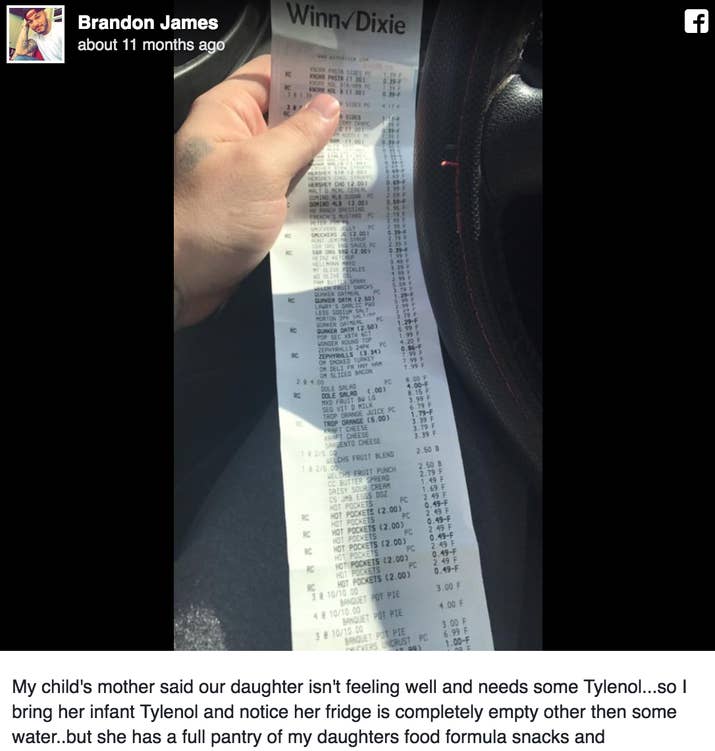 "My child's mother said our daughter isn't feeling well and needs some Tylenol, so I bring her infant Tylenol and notice her fridge is completely empty other then some water. But she has a full pantry of my daughter's food, formula, snacks, and water. Mind you she works a full-time job and then has my daughter. She pays rent and all her bills, plus she is paying off a car. So, today I went shopping to make sure she had food for the next few weeks..."