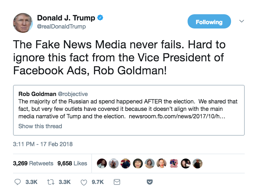 Trump Uses Facebook Exec Tweet To Call Media "Fake News"