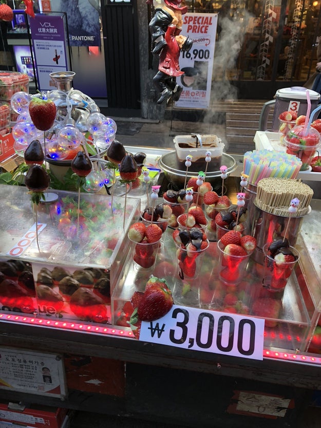 Strawberries in a cup and single chocolate covered strawberries: $3 and $1