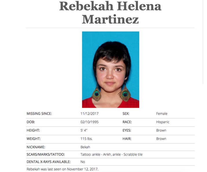 Screenshot of Bekah Martinez listed as missing in California