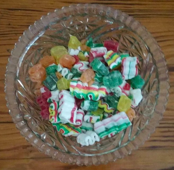 These ribbon candies, which would get stuck together and create a colorful clump.
