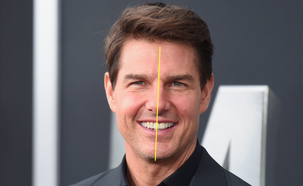 Tom Cruise's front-right tooth is in the center of his mouth.