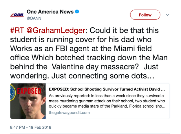 Trump Jr. liked a tweet from conservative TV show host Graham Ledger that linked to a story by far-right, pro-Trump website, Gateway Pundit, suggesting that Hogg's father had "coached" his son in propagating "anti-Trump rhetoric and anti-gun legislation."