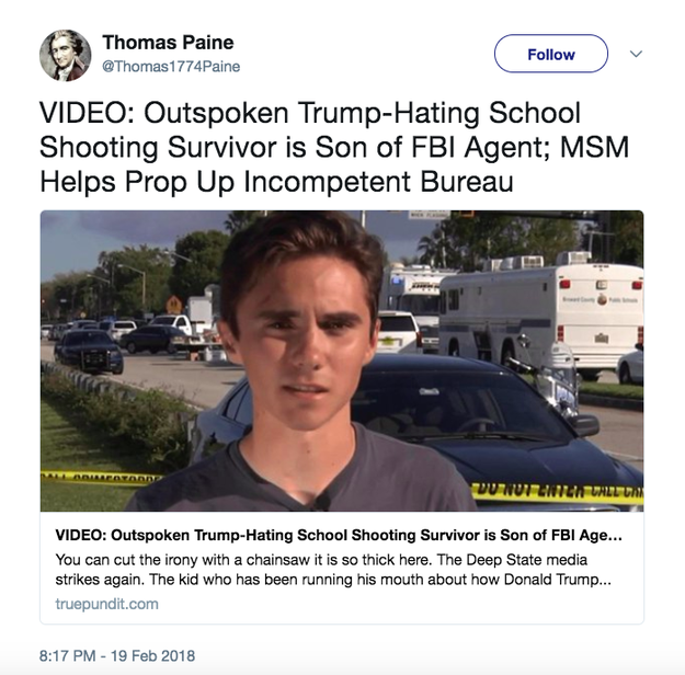 Trump Jr. also liked a tweet linking to a story by True Pundit — a far-right website that has published several false stories — which referred to Hogg as "the kid who has been running his mouth about how Donald Trump and the GOP are teaming to help murder high school kids by upholding the Second Amendment."