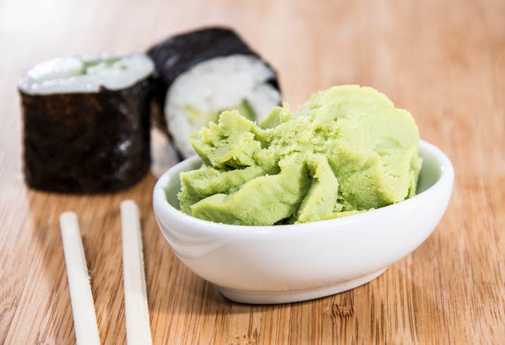 The vast majority of wasabi consumed is a mixture of horseradish, hot mustard, and green dye. That's because real wasabi is difficult to grow, very expensive, and should be consumed within 15 minutes.