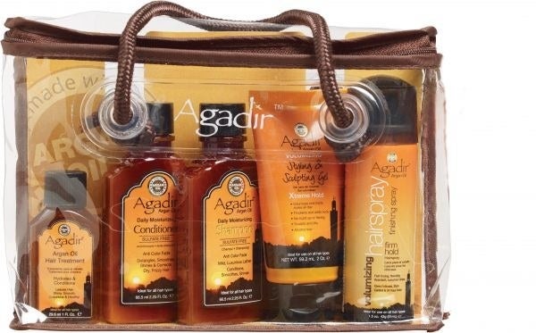 Agadir International aims to offer customers innovative products that meet their changing haircare needs using the best quality ingredients while offering the best value. This travel kit features five products, including Oil Hair Treatment that provides hair with soft, silky feel and brilliant shine, as well as Volumizing Styling & Sculpting Gel that builds volume with long, lasting hold.