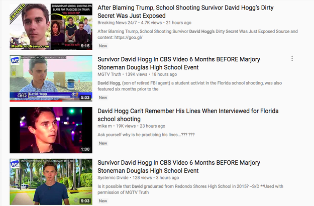 However, YouTube did not address why search results for "David Hogg" listed multiple conspiracy videos attacking the teen with false allegations of being a crisis actor and for forgetting his rehearsed lines during a television interview.