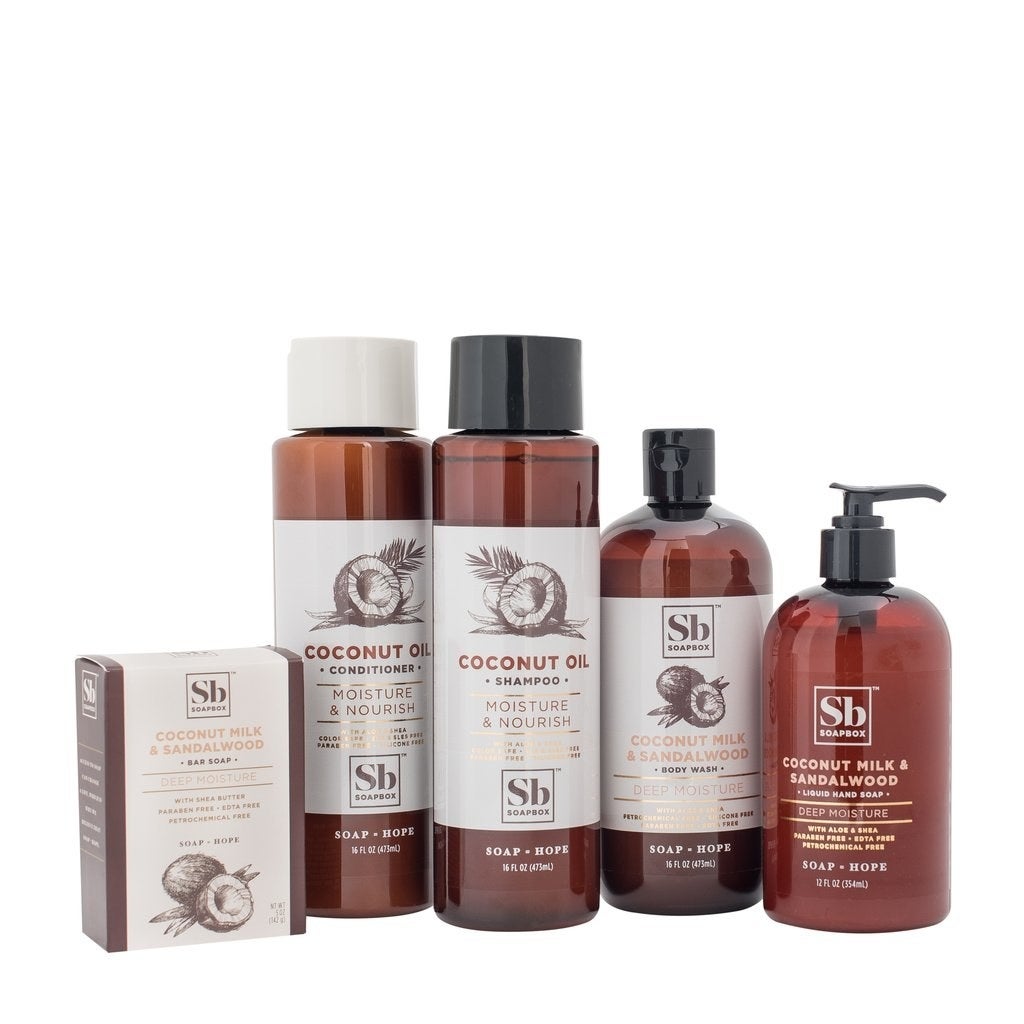 The coconut oil hair care & personal wash products from Soapbox will moisturize and nourish your locks and skin for a deep hydration experience. The rich scent of sandalwood blended with the natural sweetness of coconut will bloom a relaxing aroma in your shower and at your sink with every use. Known for its intense moisturizing qualities, coconut oil will not only nourish your hair, but also bring back a healthy shine. Rich in fatty acids, coconut oil also helps prevent protein loss in hair.