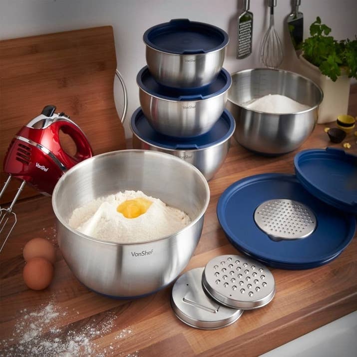 Each set includes five mixing bowls (1-quart, 1.75-quart, 2.25-quart, 3-quart, and 4-quart) and three grater attachments. The grater attachments can be removed and replaced with regular covers. The stainless-steel bowls have non-slip bottoms, so they won't move around while you whisk away. They're dishwasher-safe! Promising review: "These have worked out great so far! I have used them for both mixing and storage. Every time I've mixed salad and sealed with the lid, the greens have stayed fresh and crisp. The graters work nicely as well and make whipping together a quick Caesar salad with parmesan THAT much easier! There are units on the side of the bowls as well, which help with measuring for recipes. The rubber grip at the bottom of the bowl has come in handy a time or two during heavy whisking." —BrittanyGet a five-piece set from Amazon for $37.99 or Walmart for $39.99.