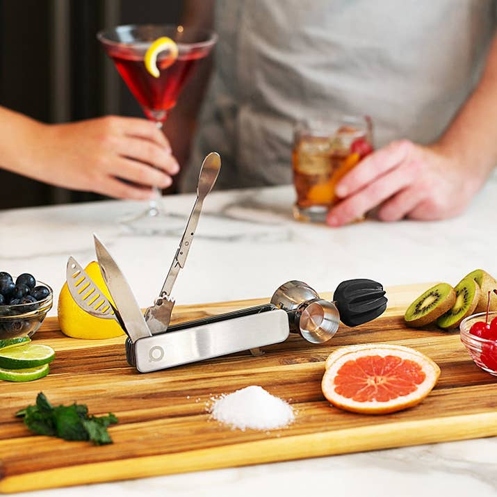 This tool includes a muddler, stirrer, knife, channel knife, zester, reamer, jigger, bottle opener, corkscrew, and strainer!Promising review: "This tool is a truly great item to have in your kitchen or suitcase for those travel bar moments. It has a good heft to it that keep it stable when using all of its many tools. It also works really well and functions exactly as you need it, too. If you don't have enough space for a bar but need the tools to make a cocktail after a long day, this is the tool for you. It's compact, well built, and works wonders with helping to destress after a long day." —saxman930Get it from Amazon for $37.98 or The Grommet for $39.95 (available in two finishes).