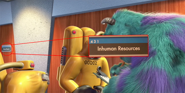 In Monsters, Inc., Monsters Incorporated doesn't have a Human Resources department — they have an Inhuman Resources department.