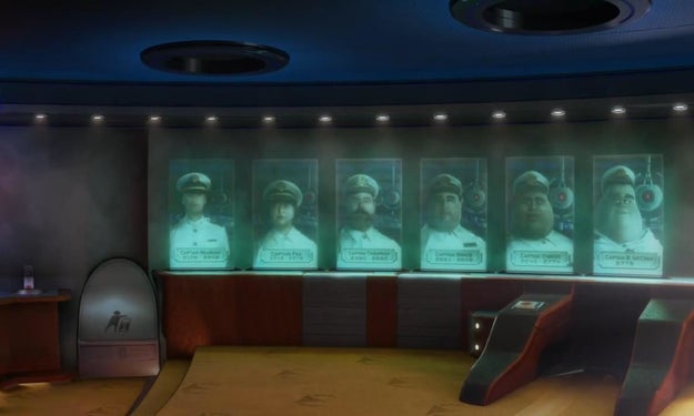 Also in Wall-E, AUTO appears closer in each of the captain's portraits, representing his gradual takeover of the Axiom.