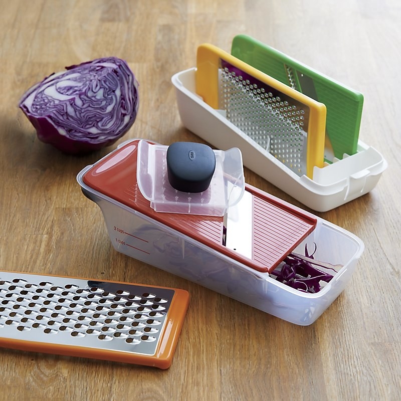 This set includes a coarse grater, a medium grater, a regular slicer, a Julienne slicer, and a safety guard. Everything packs into one neat little box when not in use. The lid has non-slip feet to keep the container steady while in use. Everything is top rack–dishwasher safe!Promising review: "I received my first one of these for a gift about a year ago. Now, I've bought one to give as a gift because I really love this little tool. It performs its jobs admirably, whether slicing or shredding. I use it four to five days a week for carrots, cucumbers, other veggies, cheese — you name it — and it still stays sharp and does a grand job. Well worth its price in ease and convenience, and it's easy to clean as well." —Susan MGet it from Amazon for $29.95 or Crate & Barrel for $29.99.