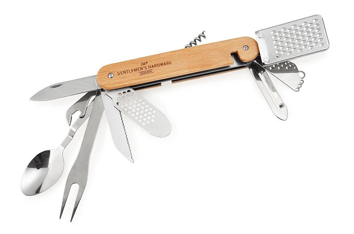 This tool includes *deep breath*: a cheese grater, a zester, a garlic crusher, a peeler, a carving fork, a stirring spoon, a corkscrew, a bottle opener, a channel knife, a serrated knife, a small paring knife, and a can opener. Promising review: "This is a unique gift for someone who enjoys cooking on the go or even a beginner cook who hasn't accumulated a lot of utensils yet (like a college student). This is a gift, so I can't comment on the durability yet, but it seems to be well built." —L.J.Get it from Uncommongoods for $32.