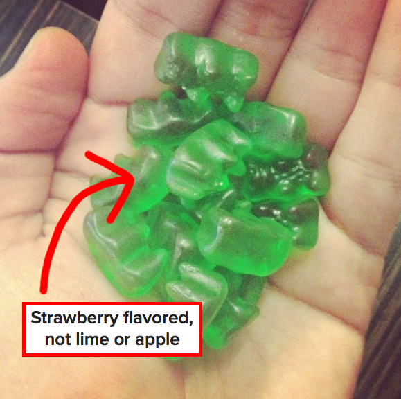 Green gummy bears are actually strawberry-flavored.