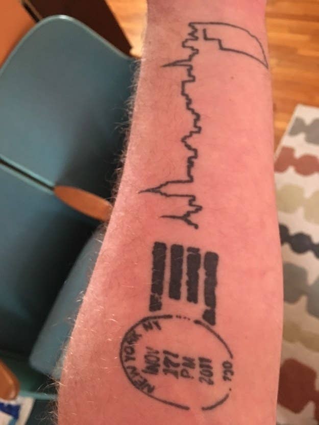 "I was in New York City on a trip when I was diagnosed with HIV. After I found out, I wrote postcards to my friends and family back in Nebraska. About a year after I found out, I saw the postcard I had sent my sister. As soon as I saw the stamp at the top of the postcard, I knew I needed to turn it into a tattoo. I added the skyline of NYC ending in Nebraska on the 5th anniversary of being diagnosed with HIV." — andyd4cff930db
