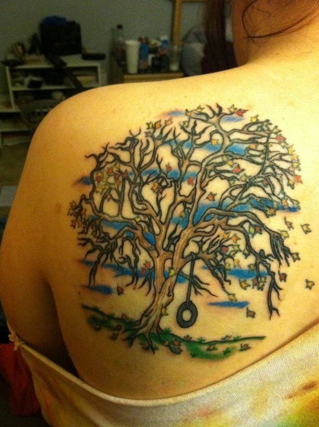 "This is a tattoo I got in honor of my grandfather. I took a photo of a tree that was in my grandparent's backyard and had my artist use that as the source for the tattoo. My grandpa always said that he wanted to put a tire swing in the tree for me, but he became too sick to see it come to fruition. He suffered from cystic fibrosis and passed away after struggling for years." — sarahs7803