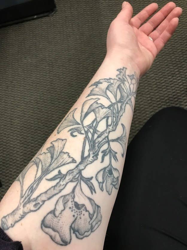 "I got this tattoo two years ago now, about four months after my mom died of breast cancer. The ginkgo tree is one of the oldest tree species in the world, and thrives in all kinds of environments. For that reason, in many cultures, it is a symbol of the connection between generations, and of perseverance in the face of adversity. The anemone flower is one of my very favourites and a symbol of the process of healing *through* grief." — hufflepufflinallday