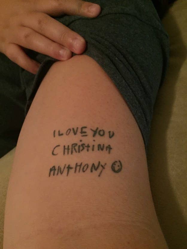 "My older brother has Down Syndrome and he wrote me this note when I went off to college. I got it in his handwriting as well. I’ve always said he’s the only person’s name I’d ever get tattooed on me." — christinav4fd89592d