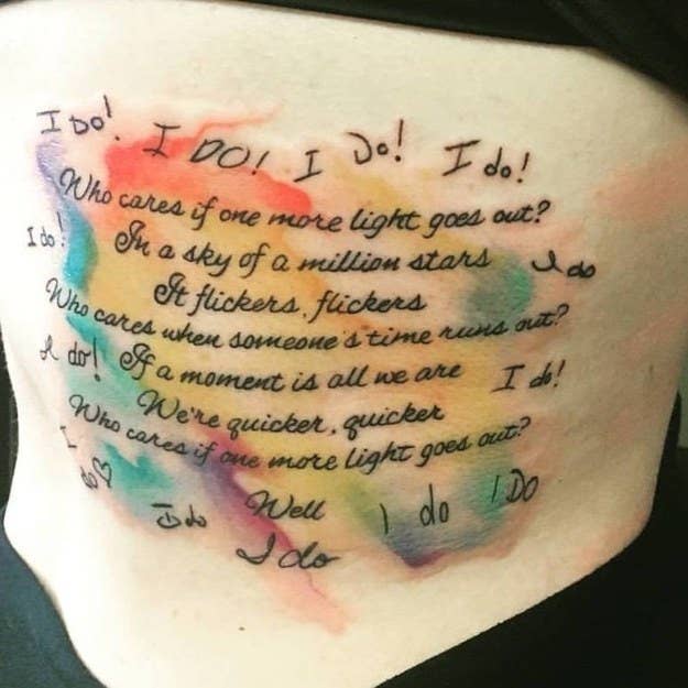 "One of my symptoms of bipolar disorder is having suicidal ideation nearly every day. Though I am thankful that I haven't lost my daily fight, it is still an active battle more often than not. The chorus of Linkin Park's 'One More Light' is one that I regularly repeat to myself, as the rational parts of my brain know that I belong here. I finally opened up about my struggle to close friends and family, and I asked them each to write the words 'I do' to help me always remember that I have love and people who care if my light goes out." — NJDevilsgrrrl