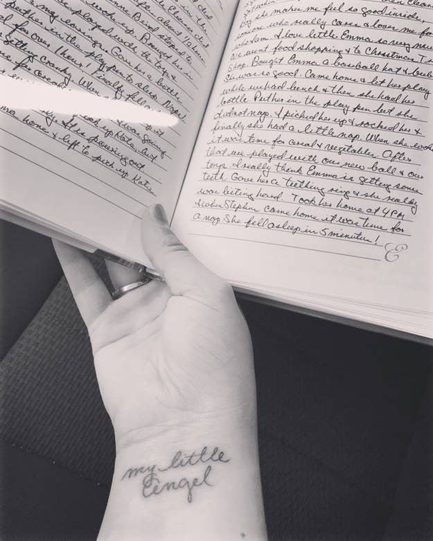 "My grandmother took care of me since I was born. She kept a journal of the first year of watching me with every movement I made! She passed away on my birthday this October and I decided to get a tattoo done in her handwriting. She always referred to me as “my little angel” in the journal. I was her’s, but now she’s mine." — emmaf45380552f