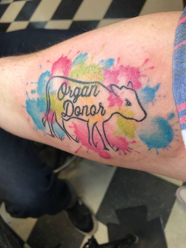 "My older sister passed away very suddenly two years ago from a brain aneurysm. She was only 36 years and left behind two teenage children. While she was on life support they asked if she would want her organs donated. She lived with type one diabetes her whole life, so we never thought this was an option. To our surprise they were able to take her kidneys and lungs along with large amount of tissue (skin, bone, muscle etc.). I knew from that day I wanted to mark on myself that I was going to be an organ donor. The cow was her favourite animal (like obsessed with the things). She was able to help countless people live and someday I hope to follow in her footsteps." — ashleyb48576a12c