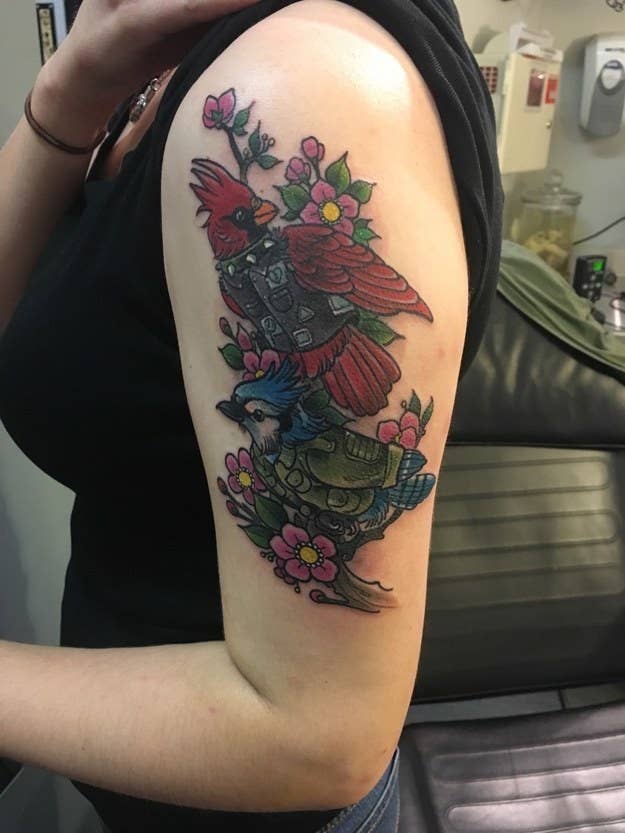 "My brother passed away in January 2017. I don’t believe in [reincarnation] but the day after he passed, a cardinal was sitting on his window sill and it refused to move. We could touch it. Then for the next few days, a group of blue birds sat where he used to park his car. My brother wore a black bomber vest with his home made patches all over it and also a green jacket all the time that is why the birds are wearing them." — kannsimmers