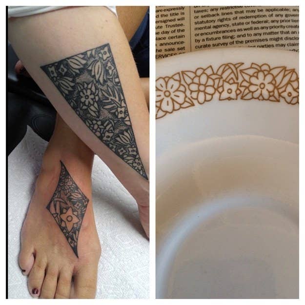 "My sister and I have the design from the Corelle plates we grew up with. Any time I’m homesick, or missing our Mom who passed in 2010, I can just look at my arm and remember all of us sitting around the table spending time together, being connected." — hebmike