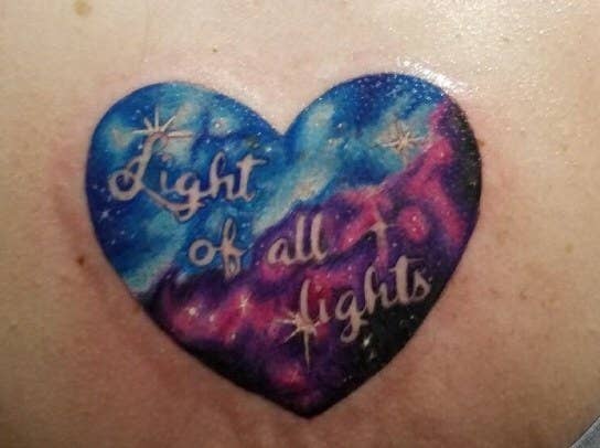 "This tattoo on my back was inspired by a quote I saw for the first time on BuzzFeed! 'There are darknesses in life and there are lights. And you are one the lights. The light of all lights.' My paternal grandfather was very special to me. This tattoo is for him. We both had pain in our lives, moments of darkness. But it’s all worth it, remembering that I had a love like that, and I hope it was like that for him too." — tniendorff