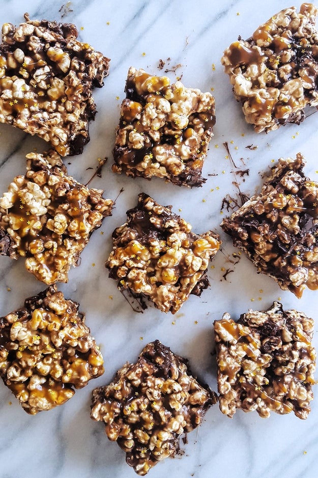 Salted Caramel Popcorn Bars with Marshmallow and Chocolate