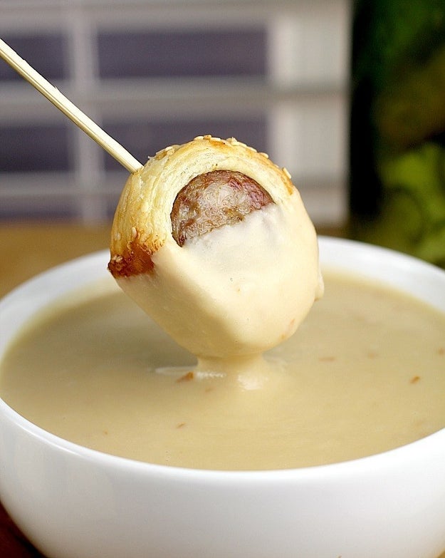 Beer Brats in Blankets with Smoked Gouda Fondue