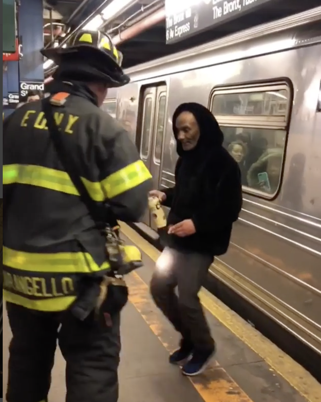 And strolled onto the platform like nothing had happened. When confronted by firefighters, he just did a little jig.