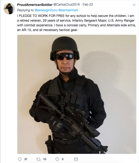 On Friday, a Twitter user who goes by "Proud American Soldier" joined in the debate about armed guards at schools. He declared he was armed, ready, and able to defend schools. "I PLEDGE TO WORK FOR FREE," he said.