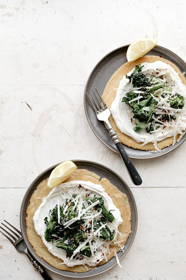 Socca With Yogurt and Garlic Broccolini