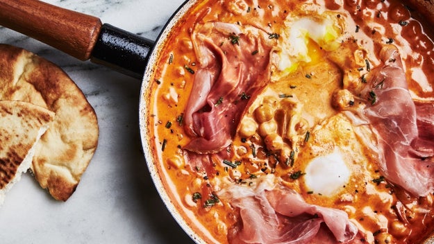 One-Skillet Creamy Chickpeas With Eggs and Prosciutto