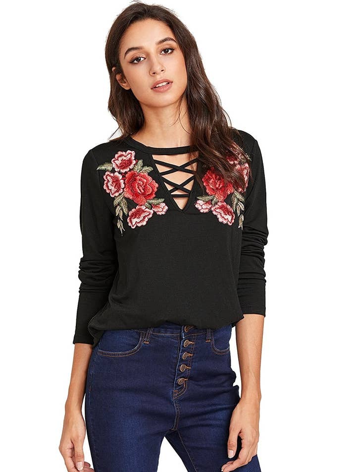 Promising review: "Super soft fabric! The embroidery doesn't dig into your skin (like some embroidery does). I love the daintiness of this shirt. You can dress it up or down!" —KierstenGet it from Amazon for $9.99 (available in sizes XS–XL and 12 colors/styles) or a similar top from Walmart for $19.35 (available in sizes S–2XL).