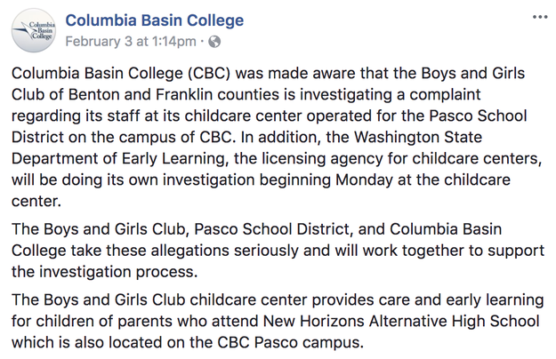 The daycare center – located at Columbia Basin College – is run by the Boys and Girls Club of Benton and Franklin Counties. The college issued the following statement on Facebook: