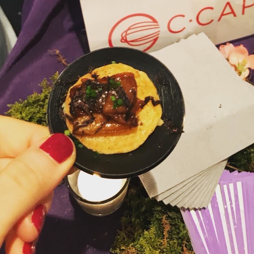 Smoked mushrooms with shaved Urbni Perigord truffle with hazelnuts on top of corn johnny cake