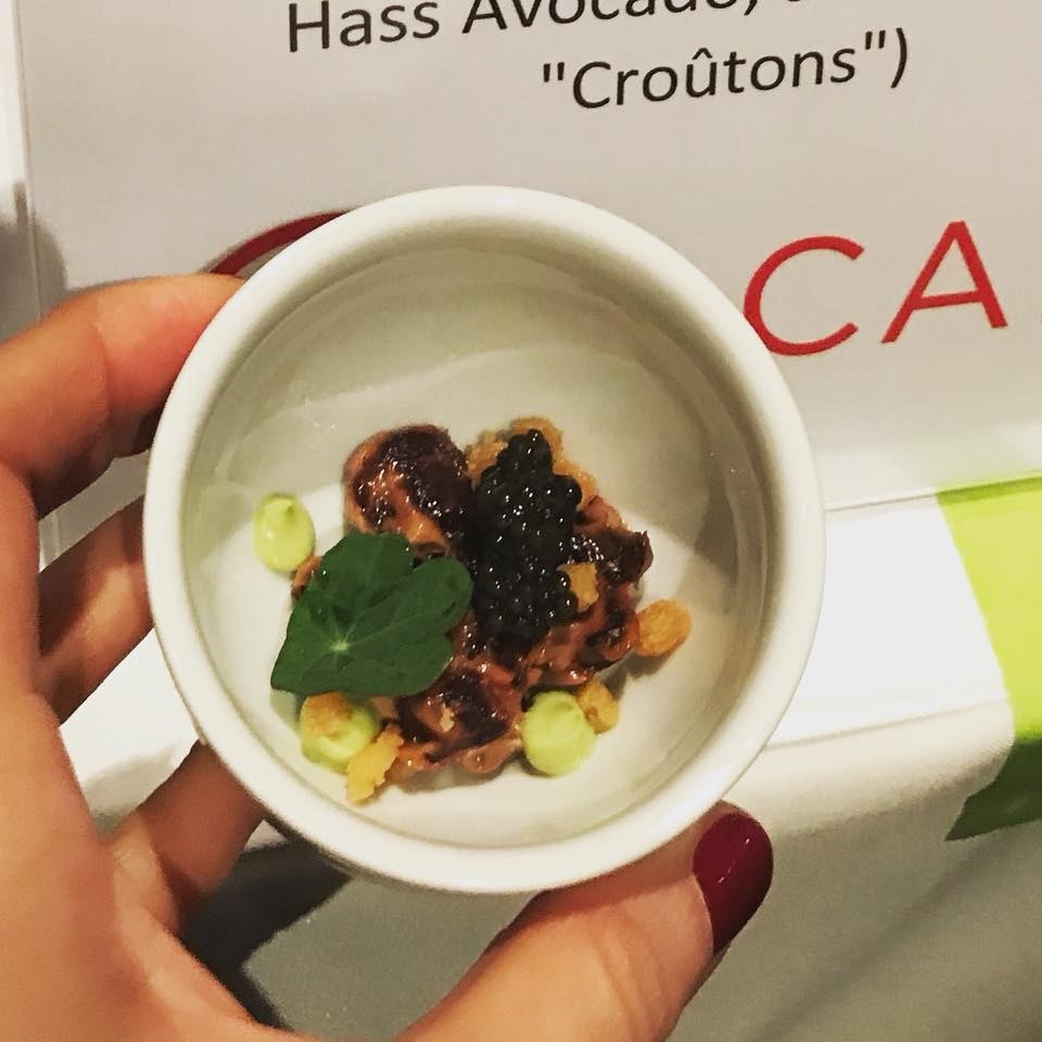 Regiis Ova Caviar with roasted beet tartare in caramelized sunchoke aioli, decorated with hass avocado mousse and brioche croutons