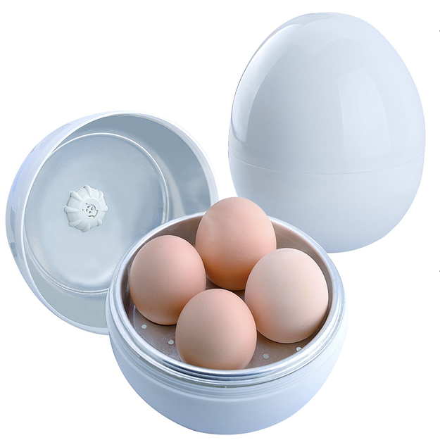 An oversized egg you can fill with smaller eggs and pop in the microwave for soft or hard boiled eggs. What came first the cooked egg or the giant plastic egg?