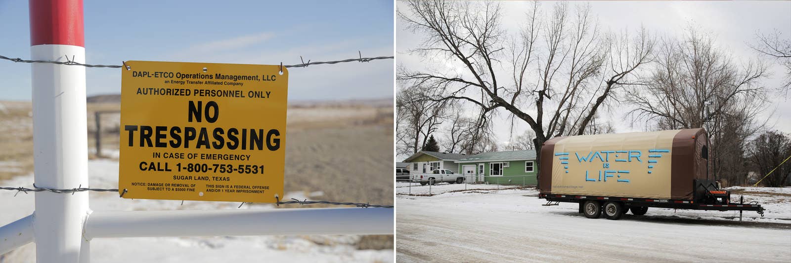 Left, a no-trespassing sign near where the Standing Rock encampment had been outside of Cannon Ball, N.D. Right, a trailer designed by is parked near the home of Ladonna Brave Bull Allard.